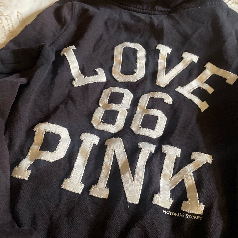 Victoria's Secret PINK Zip Up Black Hoodie with White Distressed Lettering